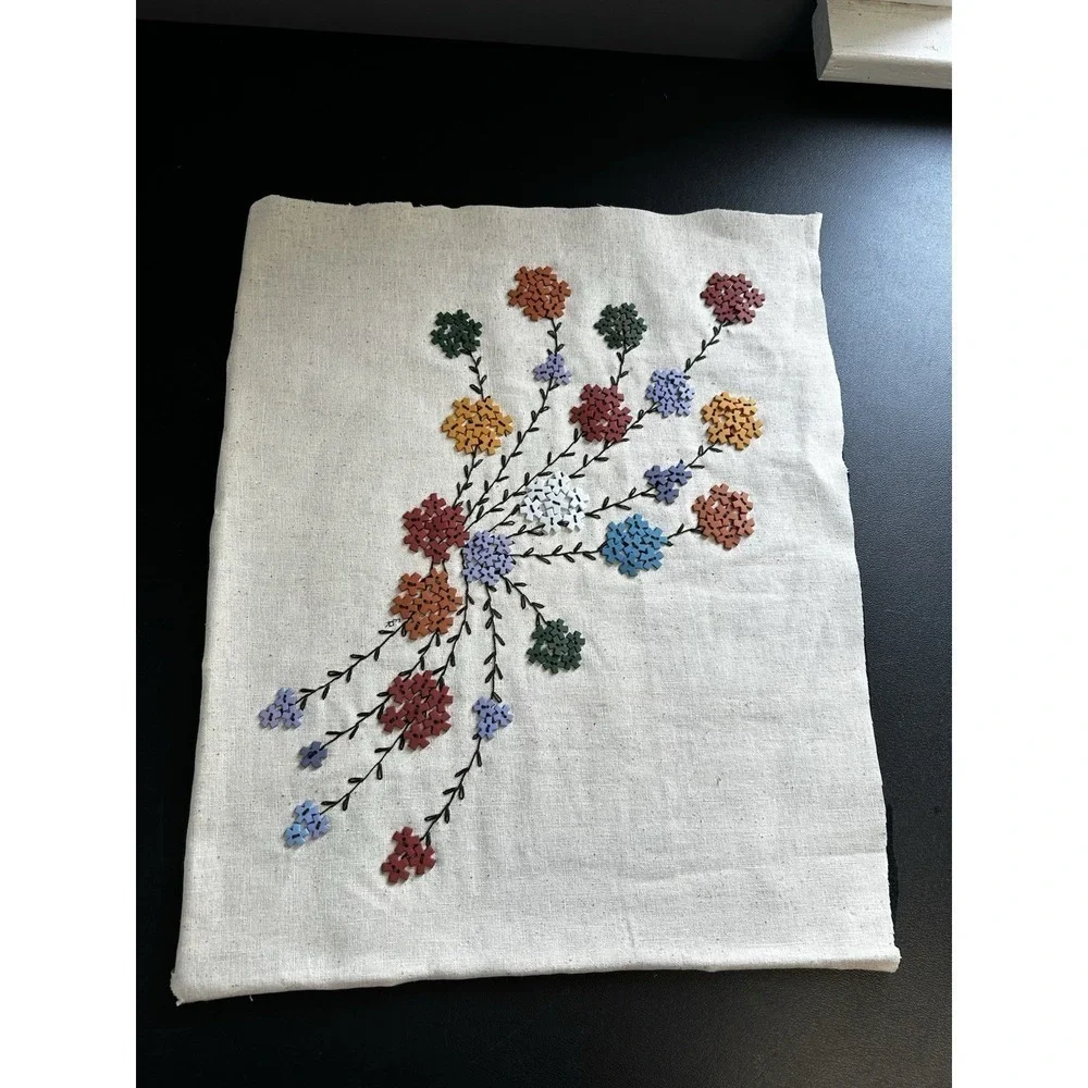 Vintage Decorative Hand Embroidered Floral Cotton Textile Tapestry 19 X 15.5